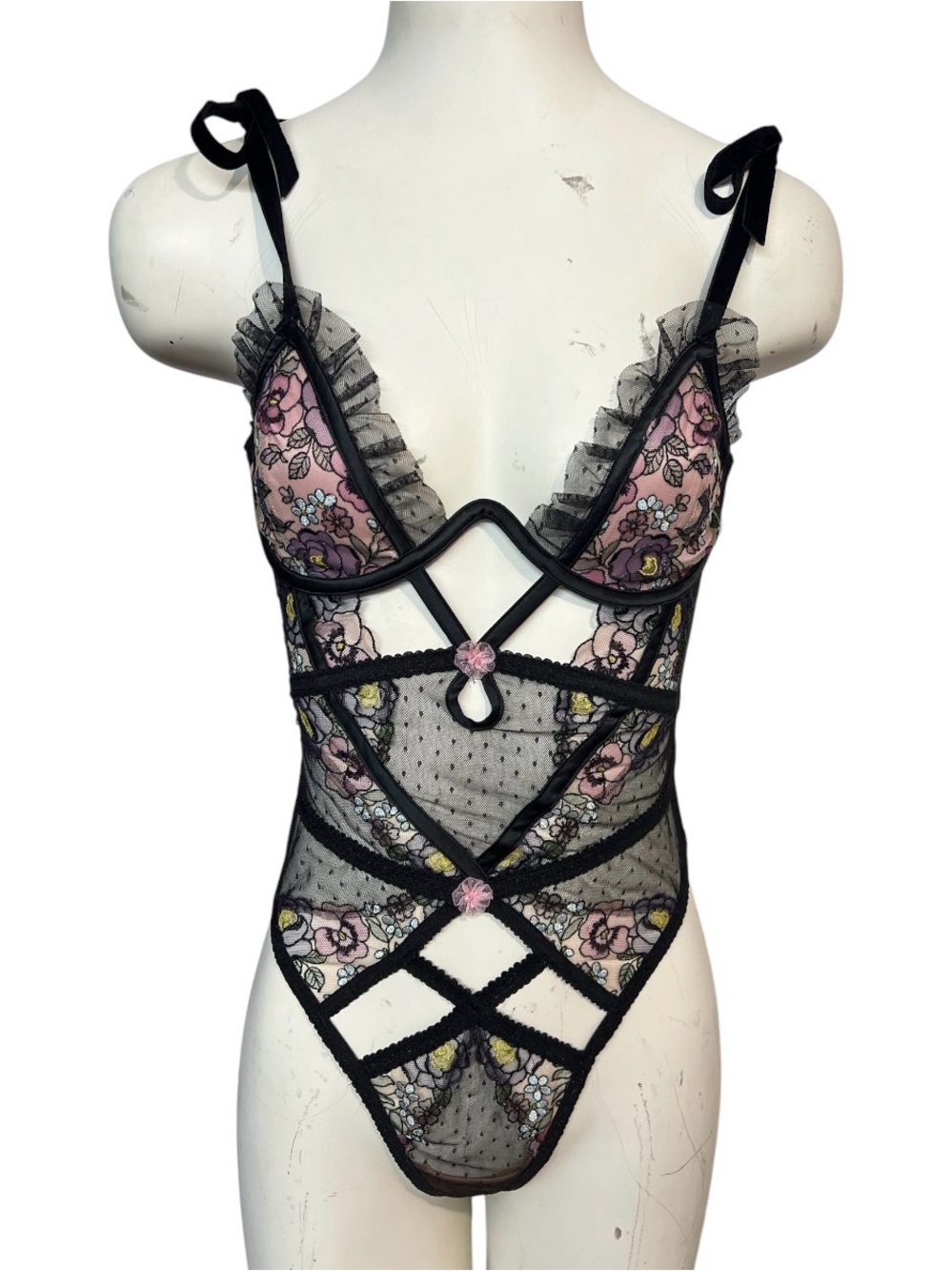 NWT For Love And Lemons Black Lace Teddy Lingerie Bodysuit Small Floral